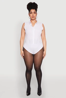 Womens Plus Size Daisy Sleeveless Button Front Bodysuit, White, Size 2X