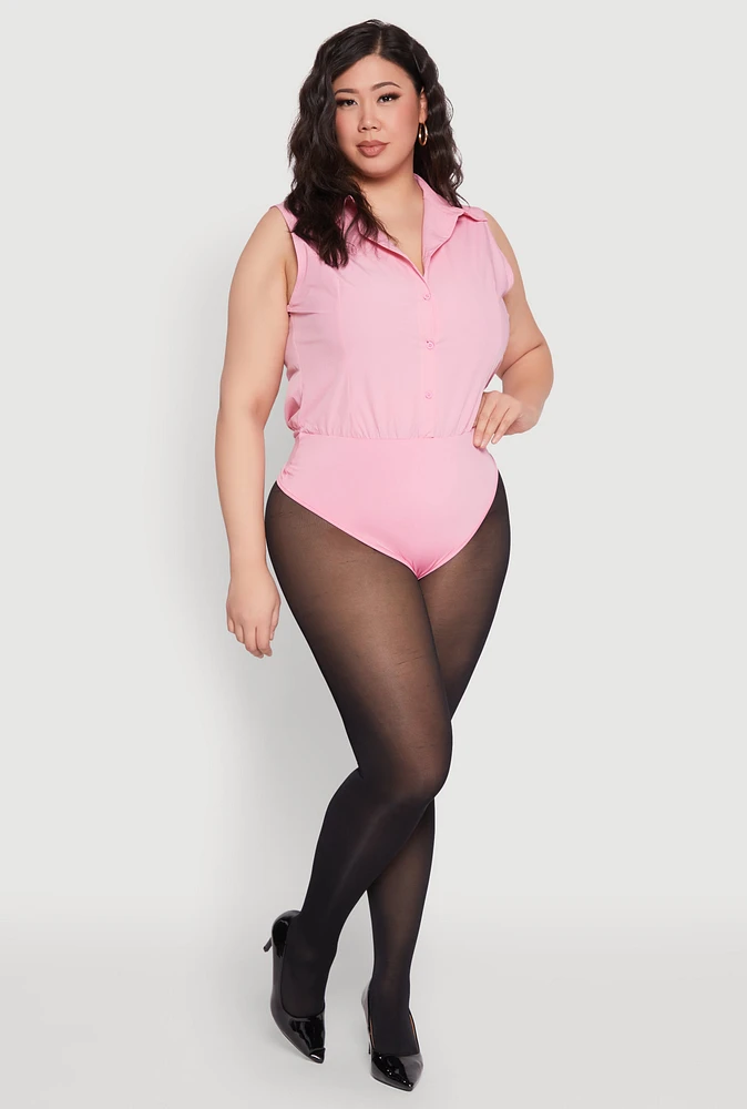 Womens Plus Size Daisy Sleeveless Button Front Bodysuit, Pink, Size 2X