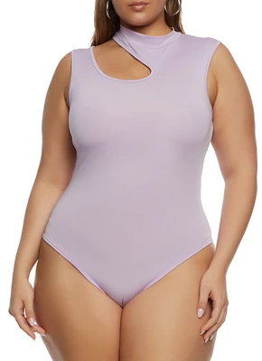 Womens Plus Size Daisy Mock Neck Cut Out Tank Bodysuit, Purple, Size 3X