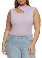 Womens Plus Size Daisy Mock Neck Cut Out Tank Bodysuit, Purple, Size 3X
