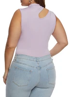 Womens Plus Size Daisy Mock Neck Cut Out Tank Bodysuit, Purple, Size 3X