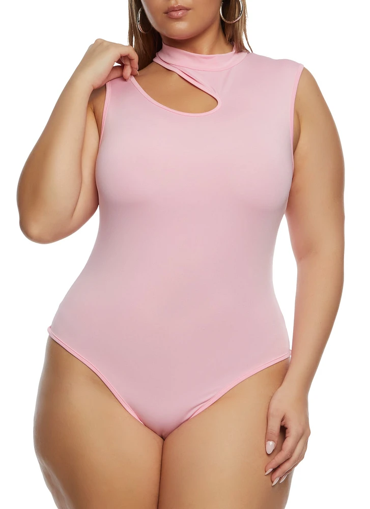 Womens Plus Size Daisy Mock Neck Cut Out Tank Bodysuit, Pink, Size 2X