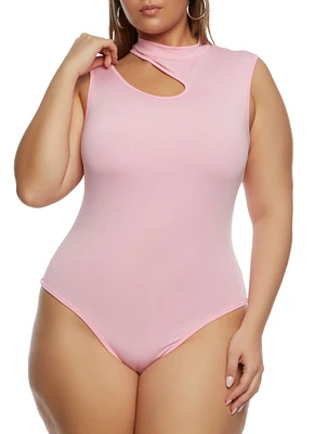 Womens Plus Size Daisy Mock Neck Cut Out Tank Bodysuit, Pink, Size 2X