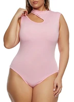 Womens Plus Size Daisy Mock Neck Cut Out Tank Bodysuit, Pink, Size 2X