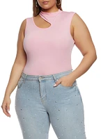 Womens Plus Size Daisy Mock Neck Cut Out Tank Bodysuit, Pink, Size 2X