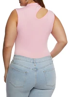 Womens Plus Size Daisy Mock Neck Cut Out Tank Bodysuit, Pink, Size 2X