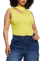 Womens Plus Size Daisy Mock Neck Cut Out Tank Bodysuit, Yellow, Size 1X