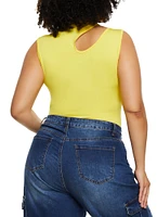 Womens Plus Size Daisy Mock Neck Cut Out Tank Bodysuit, Yellow, Size 1X
