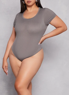Womens Plus Size Daisy Ribbed Crew Neck Bodysuit, Grey, Size 2X