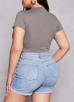 Womens Plus Size Daisy Ribbed Crew Neck Bodysuit, Grey, Size 2X