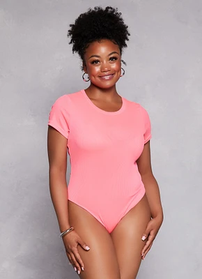 Womens Plus Size Daisy Ribbed Crew Neck Bodysuit, Pink, Size 2X