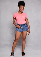Womens Plus Size Daisy Ribbed Crew Neck Bodysuit, Pink, Size 3X