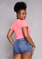 Womens Plus Daisy Ribbed Crew Neck Bodysuit, Pink,