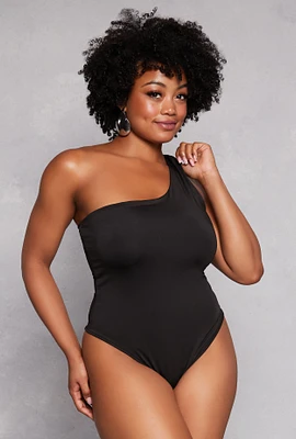 Womens Plus Daisy Double Lined One Shoulder Bodysuit,