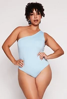 Womens Plus Size Daisy Double Lined One Shoulder Bodysuit, Blue, Size 1X