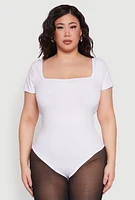 Womens Plus Size Seamless Square Neck Bodysuit, White, Size 1X-2X