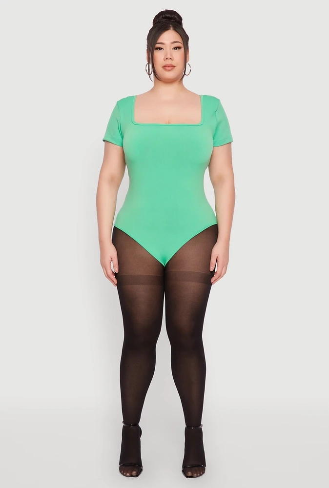 Womens Plus Size Seamless Square Neck Bodysuit, Green, Size 2X-3X