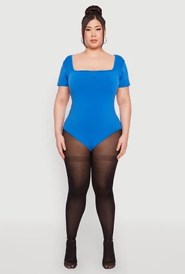 Womens Plus Size Seamless Square Neck Bodysuit, Blue, Size 2X-3X
