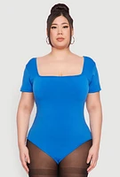 Womens Plus Size Seamless Square Neck Bodysuit, Blue, Size 2X-3X