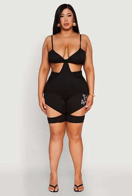 Womens Plus Size Butterfly Cut Out Biker Shorts, Black, Size 1X