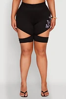 Womens Plus Size Butterfly Cut Out Biker Shorts, Black, Size 1X