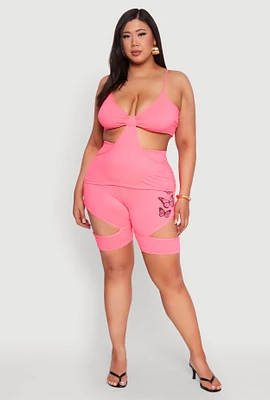 Womens Plus Size Butterfly Cut Out Biker Shorts, Pink, Size 1X
