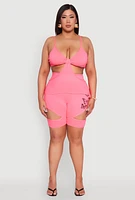 Womens Plus Size Butterfly Cut Out Biker Shorts, Pink, Size 1X