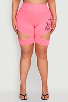 Womens Plus Size Butterfly Cut Out Biker Shorts, Pink, Size 1X