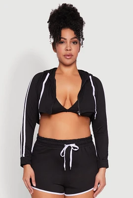 Womens Plus Varsity Stripe Zip Front Cropped Hoodie, Black,
