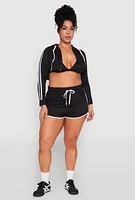 Womens Plus Varsity Stripe Zip Front Cropped Hoodie, Black,