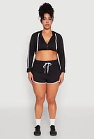 Womens Plus Varsity Stripe Zip Front Cropped Hoodie, Black,