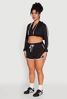 Womens Plus Varsity Stripe Zip Front Cropped Hoodie, Black,