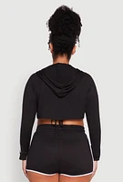 Womens Plus Varsity Stripe Zip Front Cropped Hoodie, Black,