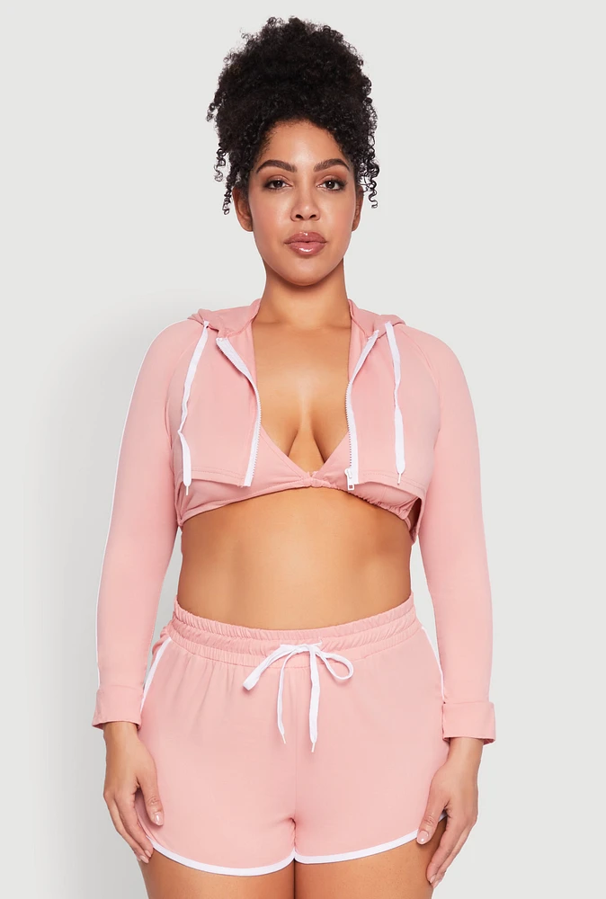 Womens Plus Size Varsity Stripe Zip Front Cropped Hoodie, Pink, Size 2X