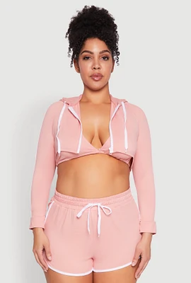 Womens Plus Size Varsity Stripe Zip Front Cropped Hoodie, Pink, Size 2X
