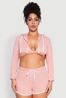 Womens Plus Size Varsity Stripe Zip Front Cropped Hoodie, Pink, Size 2X