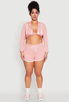 Womens Plus Size Varsity Stripe Zip Front Cropped Hoodie, Pink, Size 2X