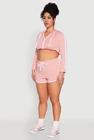 Womens Plus Size Varsity Stripe Zip Front Cropped Hoodie, Pink, Size 2X