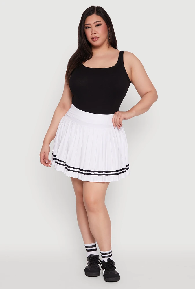 Womens Plus Size Varsity Stripe Pleated Tennis Skirt, White, Size 2X
