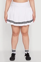 Womens Plus Size Varsity Stripe Pleated Tennis Skirt, White, Size 2X