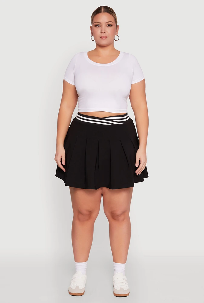 Womens Plus Varsity Stripe Waistband Pleated Skirt, Black,