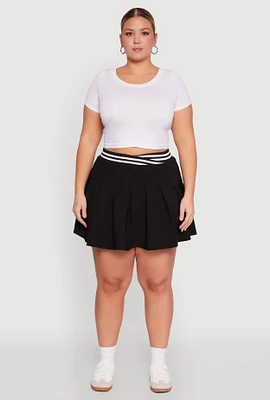 Womens Plus Varsity Stripe Waistband Pleated Skirt, Black,