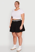 Womens Plus Varsity Stripe Waistband Pleated Skirt, Black,