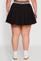 Womens Plus Varsity Stripe Waistband Pleated Skirt, Black,