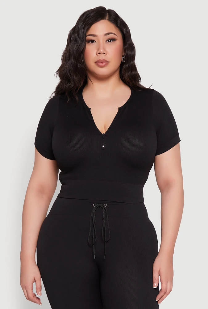 Womens Plus Seamless Zip Front Crop Top,