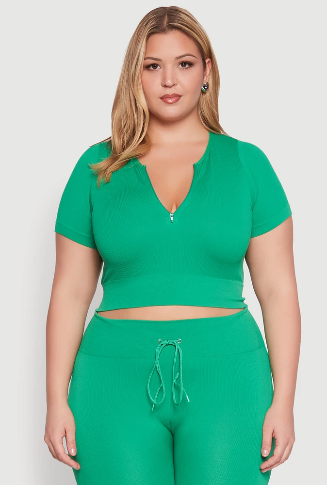 Womens Plus Seamless Zip Front Crop Top, Green,