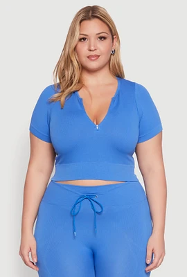 Womens Plus Size Seamless Zip Front Crop Top, Blue, Size 2X