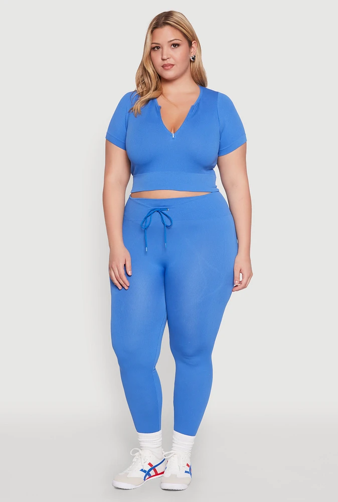 Womens Plus Size Seamless Zip Front Crop Top, Blue, Size 2X