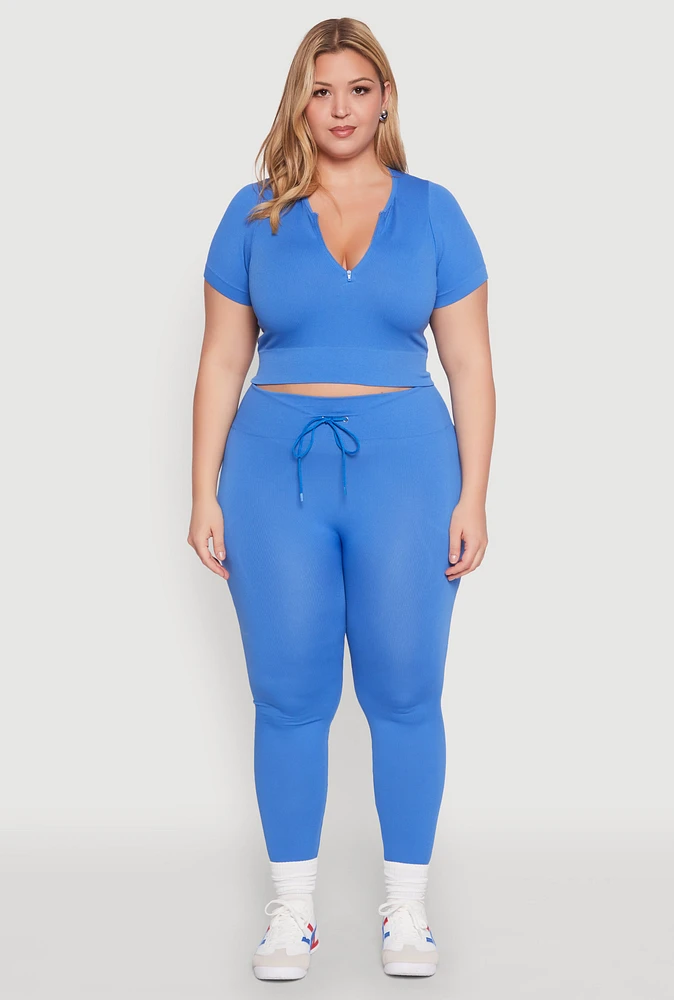 Womens Plus Size Seamless Zip Front Crop Top, Blue, Size 2X