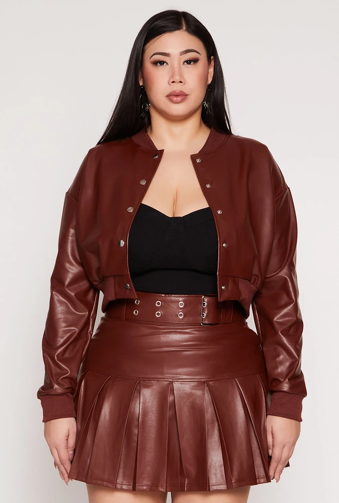 Womens Plus Faux Leather Bomber Jacket, 2X